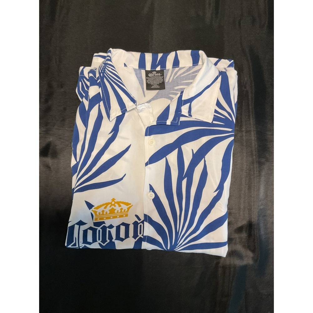 Corona Extra Mens Medium White Blue Palm Leaf Rayon Button Down Aloha Camp Shirt